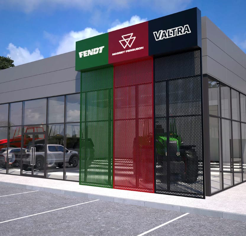 Concept visualisation of a multi-brand dealership frontage, its glazing framed by Fendt, Massey Ferguson and Valtra colour panels.
