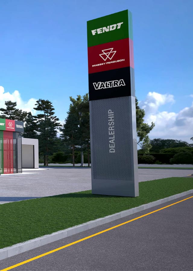 Concept visualisation of a freestanding dealership totem carrying the Fendt, Massey Ferguson and Valtra marks above the AGCO logo.