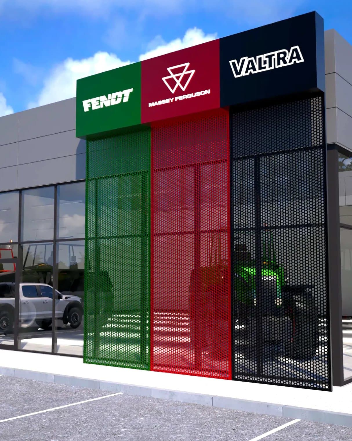 Concept visualisation of a multi-brand dealership entrance: green, red and black perforated screens beneath the Fendt, Massey Ferguson and Valtra signage, a pickup and tractors visible through the showroom glass.