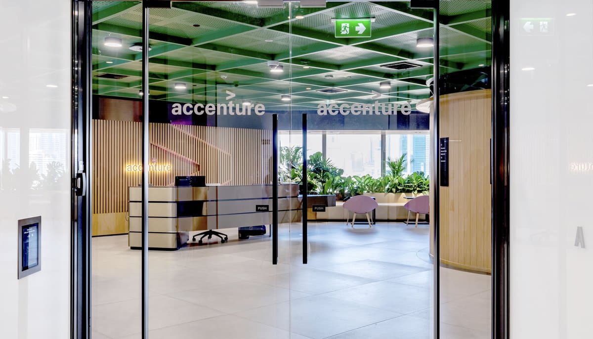 Glazed entrance doors carrying the Accenture wordmark.