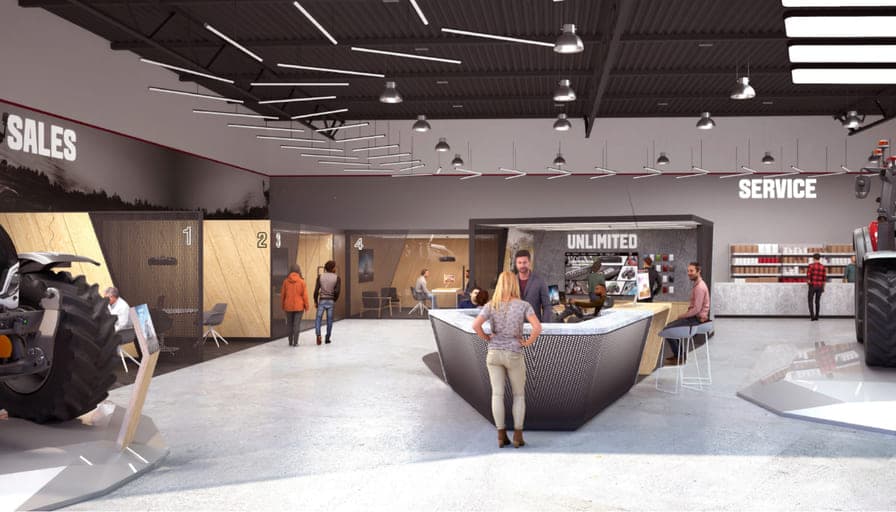 Concept visualisation of a dealership service desk, staff and customers at the counter beneath sales and service signage.