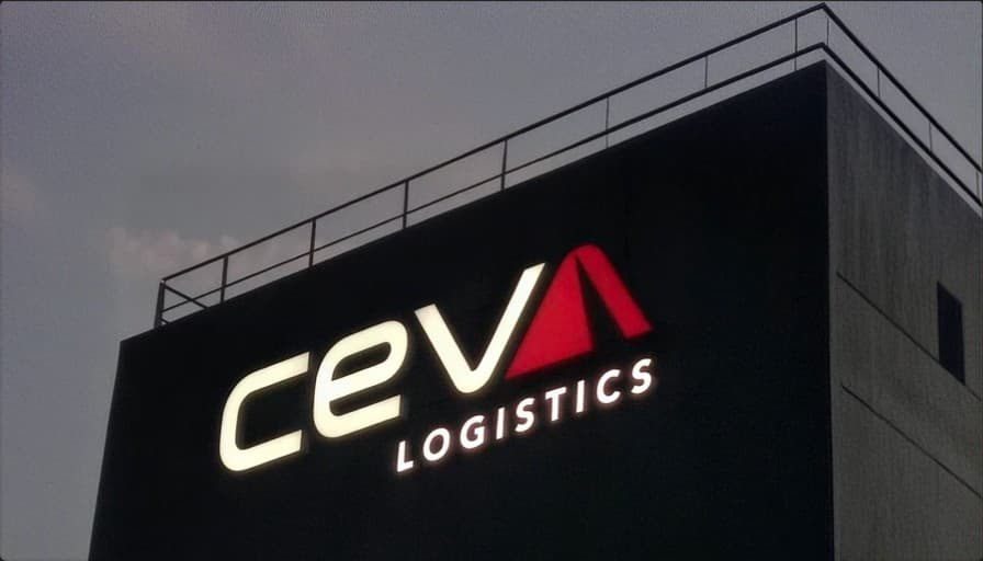 Illuminated CEVA Logistics signage on a building exterior at dusk