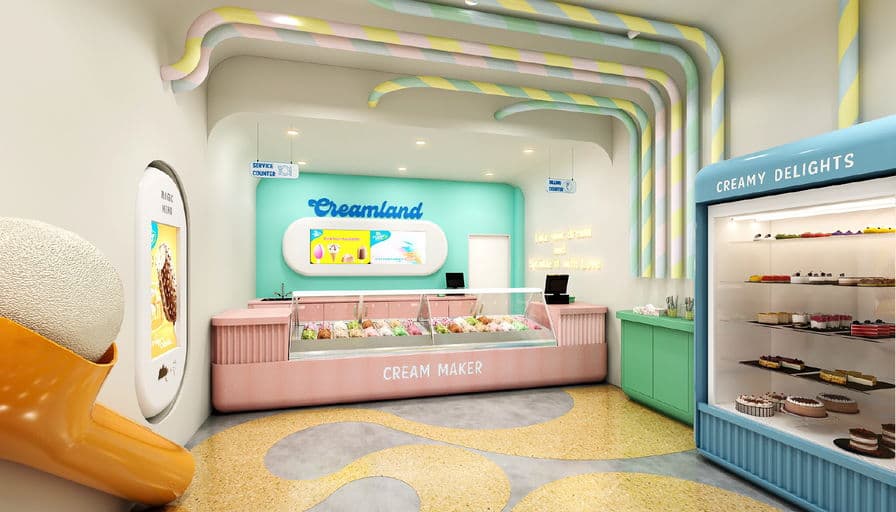 A visualisation of the Dreamery service counter beside the Creamy Delights display cabinet.