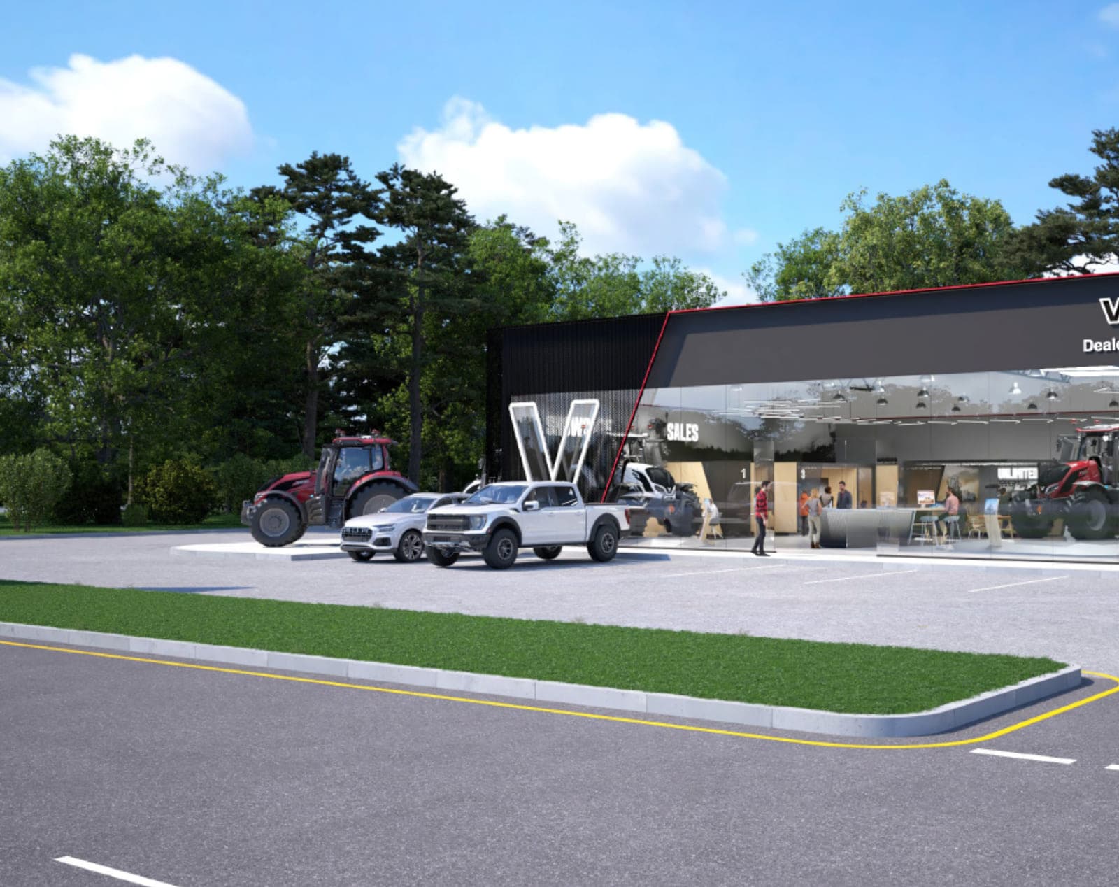 Concept visualisation of a Valtra dealership forecourt, the illuminated V of the entrance canopy above the parked machinery.