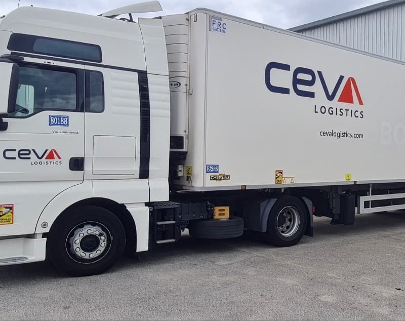 A CEVA Logistics tractor unit and refrigerated trailer carrying the rebranded livery.