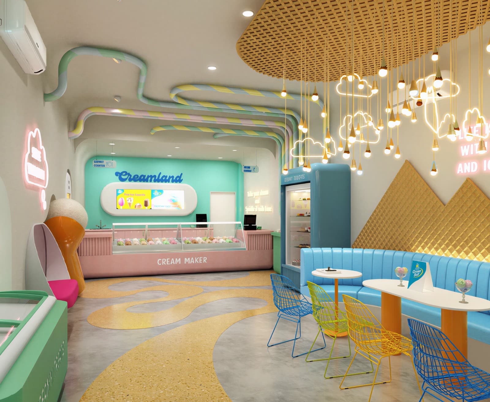 A visualisation of the Cream Maker serving counter, with a waffle-textured wall, terrazzo floor and pastel display cabinets.