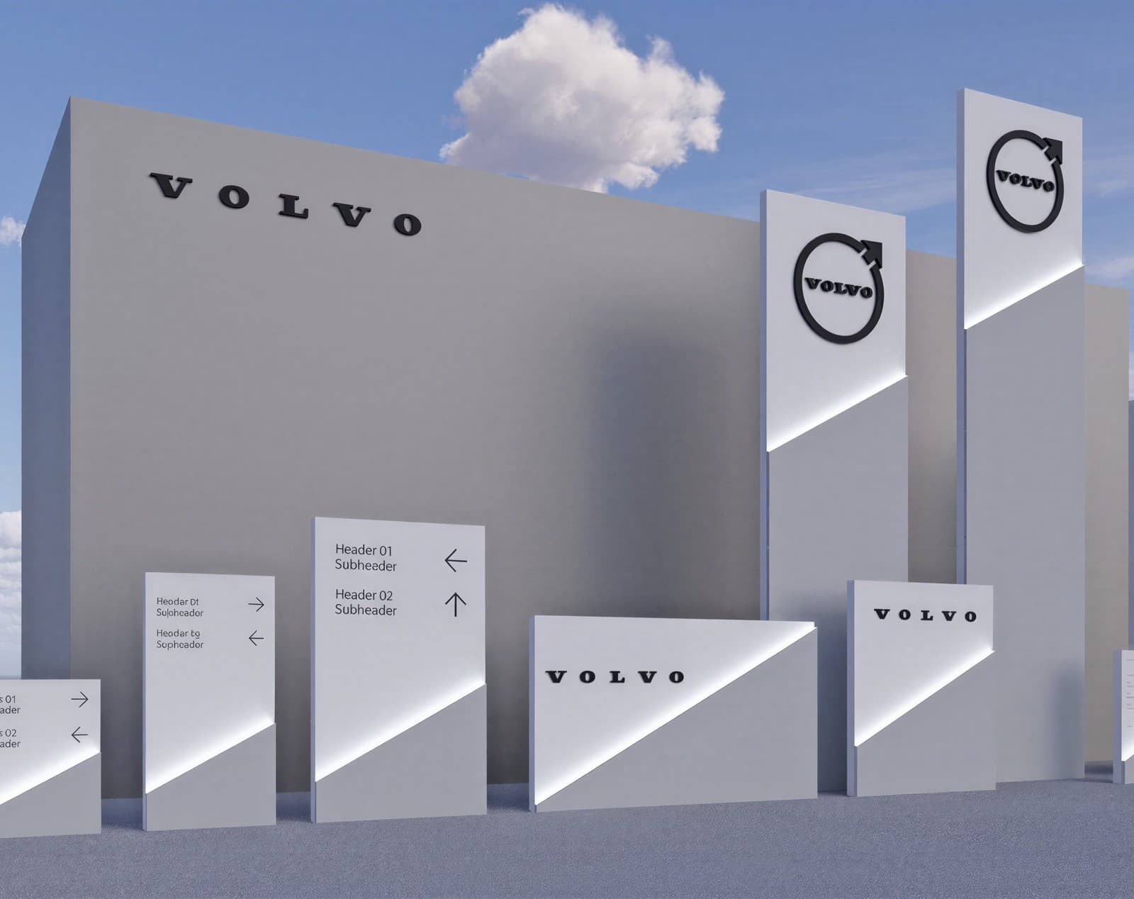 A Volvo distribution depot with trucks at the loading bays and the wordmark on the building facade.