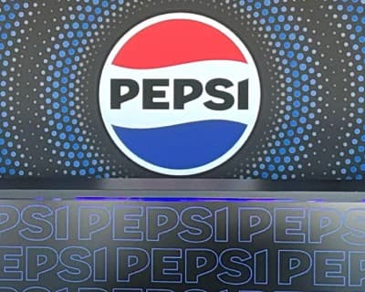 The Pepsi roundel lit above a repeating Pepsi wordmark pattern on the activation’s backdrop.