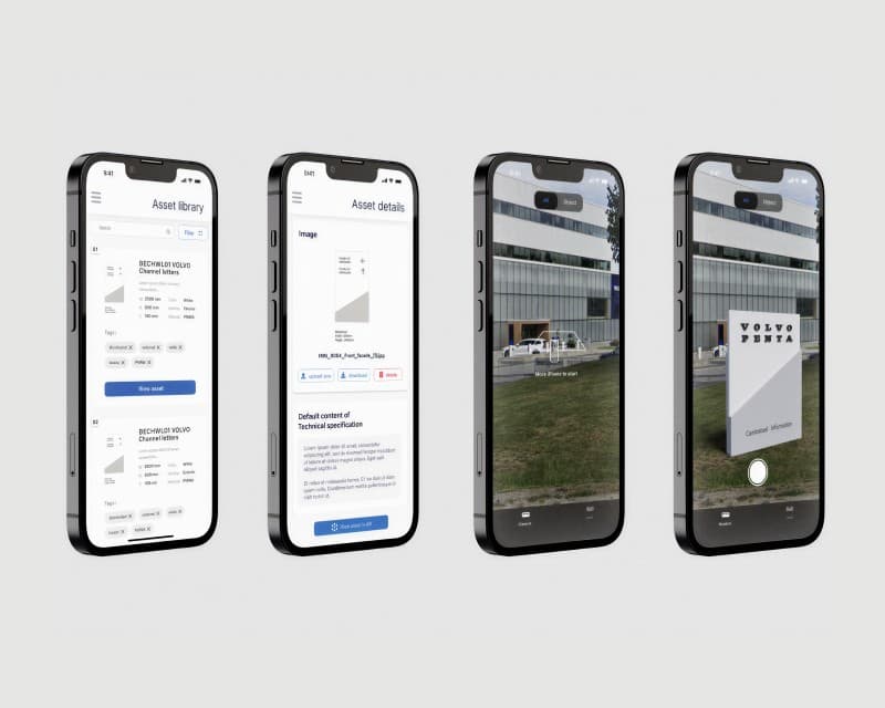 Four phone screens showing the digital asset library, an item's specification, and an AR view of signage held up against a building.