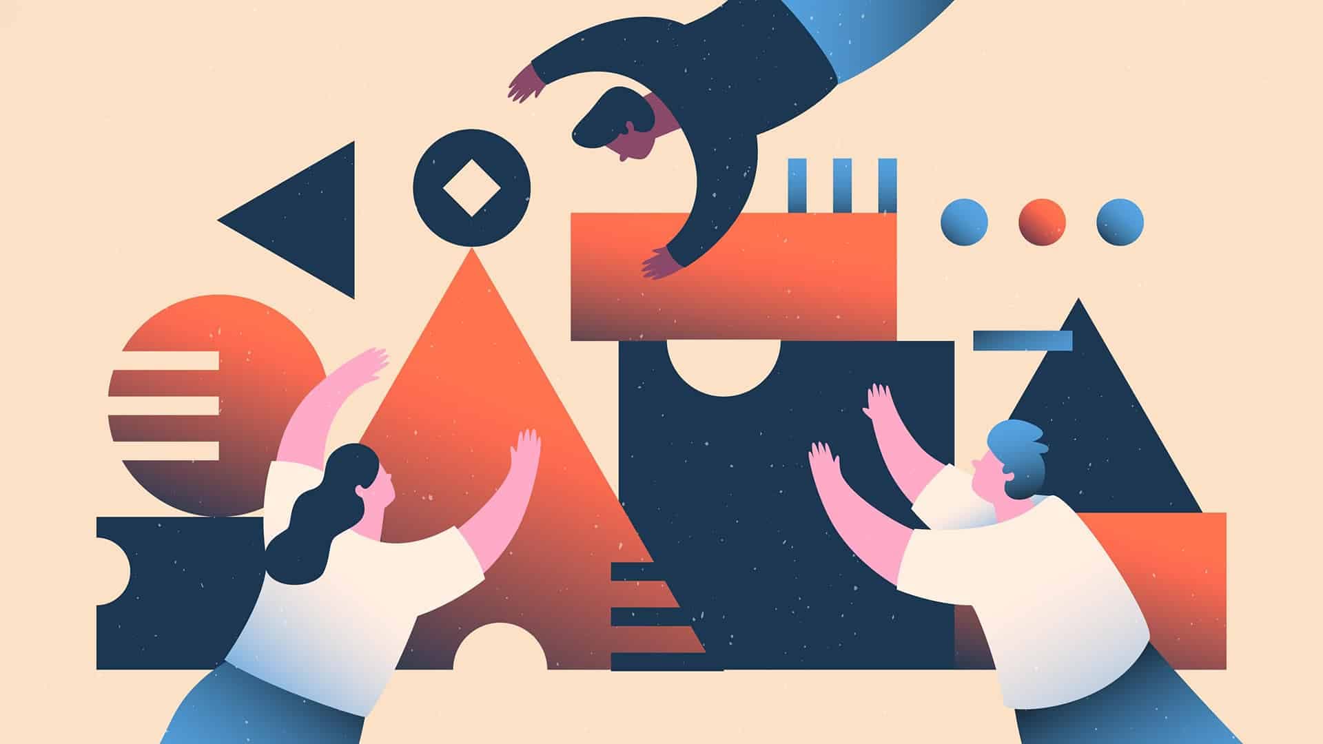 Illustration of three people arranging geometric shapes on a cream background